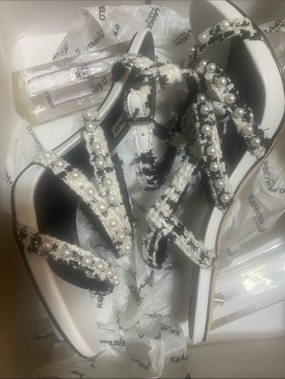 Karl Lagerfeld Black & White Pearl-Accented Tweed Strappy Heels - Picture 11 of 13